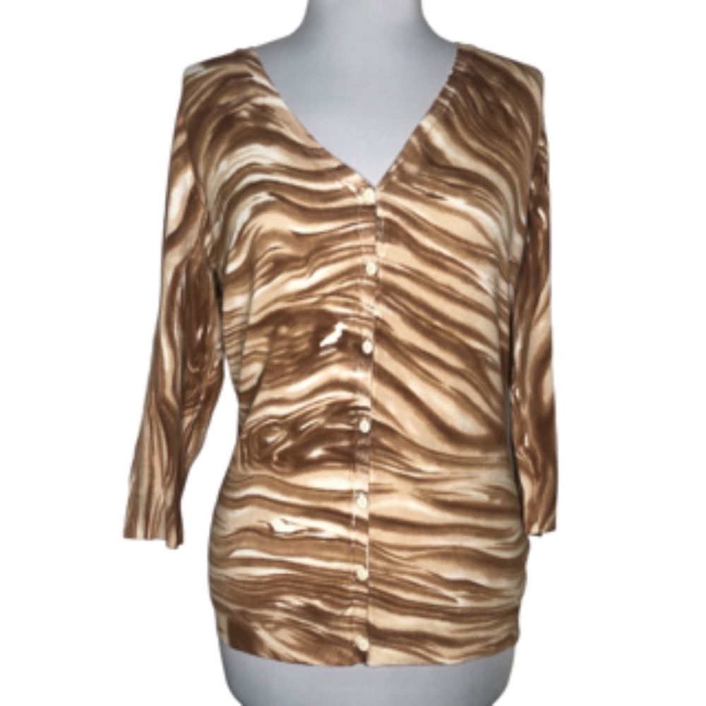 Red Brand Button Front V-Neck 3/4 Sleeve Brown/Tan Women's Cardigan Size L
